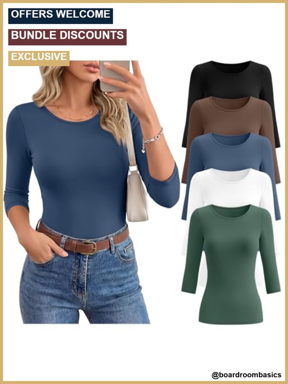5 Pack Women's 3/4 Sleeve Tops Cotton Blend Slim Fit Round Neck